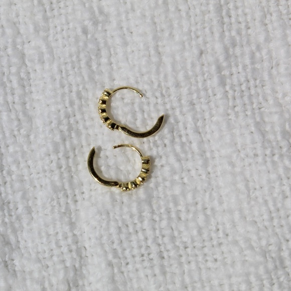 Sterling Silver Gold Huggie Hoops with Row of Isolated Simulated Diamonds - Picture 8 of 12